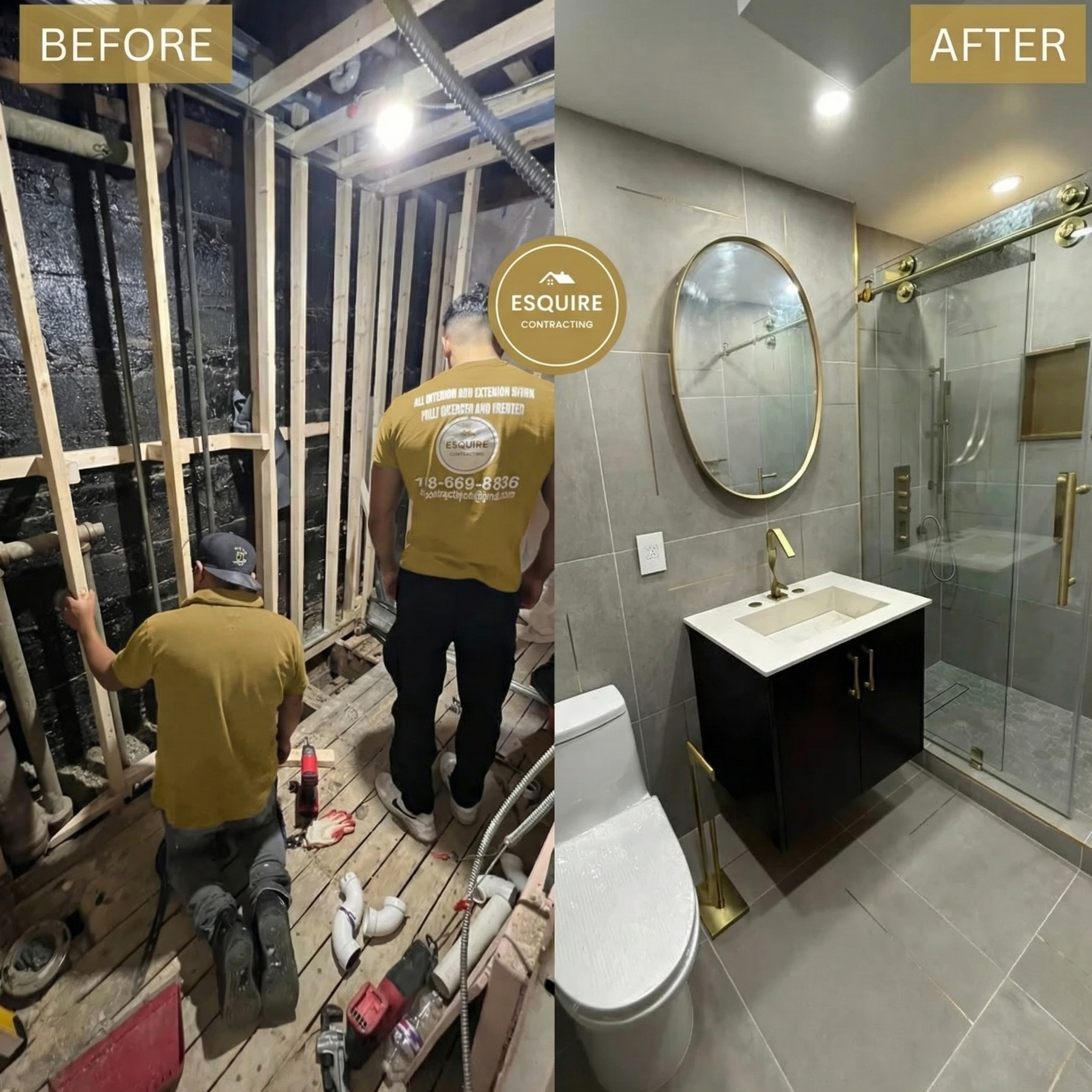 Esquire Contracting crew before and after bathroom renovation